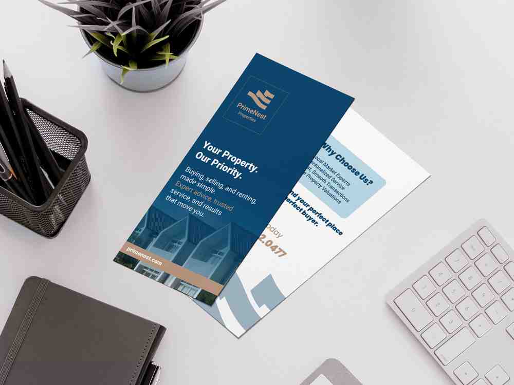 Real estate rack card promoting property services with company branding, contact details, and property imagery, ideal for display racks, offices, and promotional handouts.