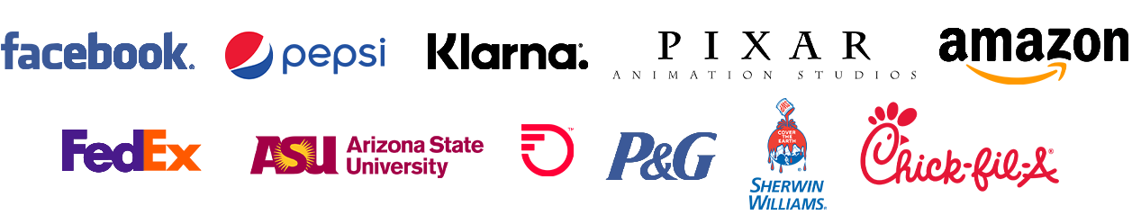 Logos of major brands including Facebook, Pepsi, Klarna, Amazon, FedEx, ASU, DoorDash, P&G, Sherwin-Williams, and Chick-fil-A.