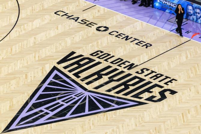 The Golden State Valkyries logo is displayed at center court inside the Chase Center arena