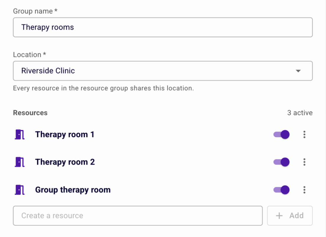 A resource group in Carepatron called Therapy rooms, with Therapy room 1, Therapy room 2 and Group therapy room all active