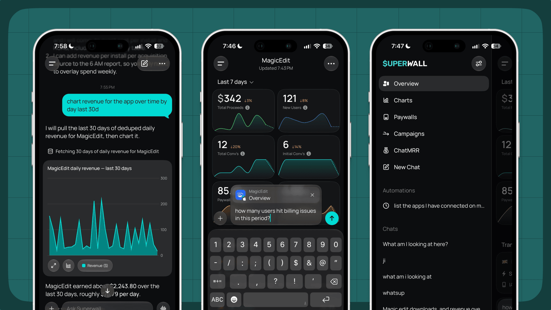 Superwall iOS app showing an agent-generated revenue chart, a question about dashboard metrics, and the ChatMRR menu