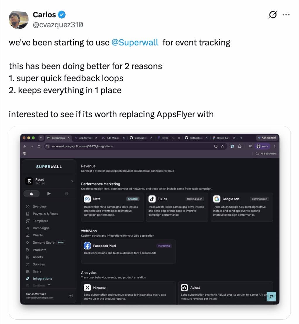 Carlos from Reset on using Superwall for event tracking: super quick feedback loops and everything in one place