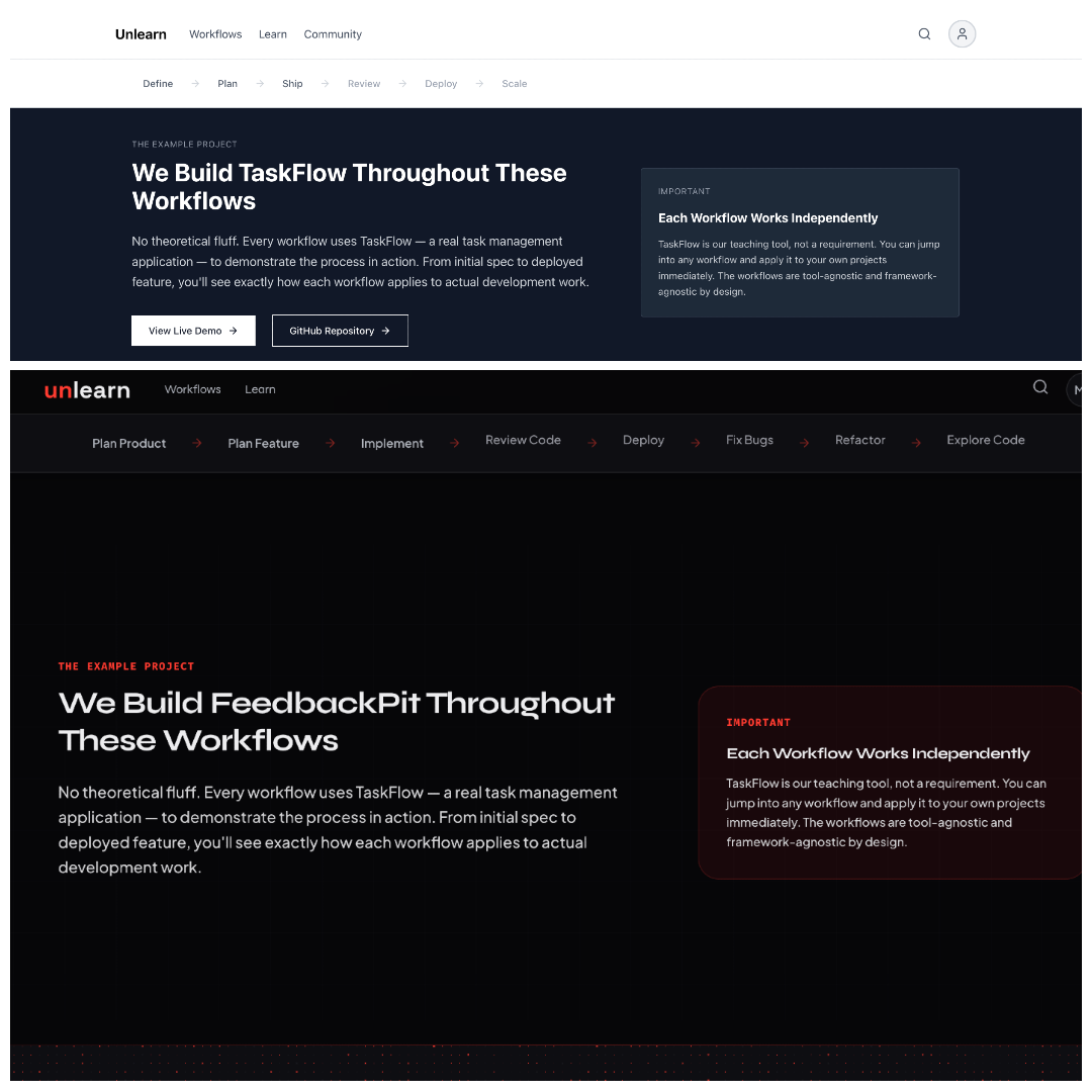 Screenshot of the wireframe and Unlearn platform