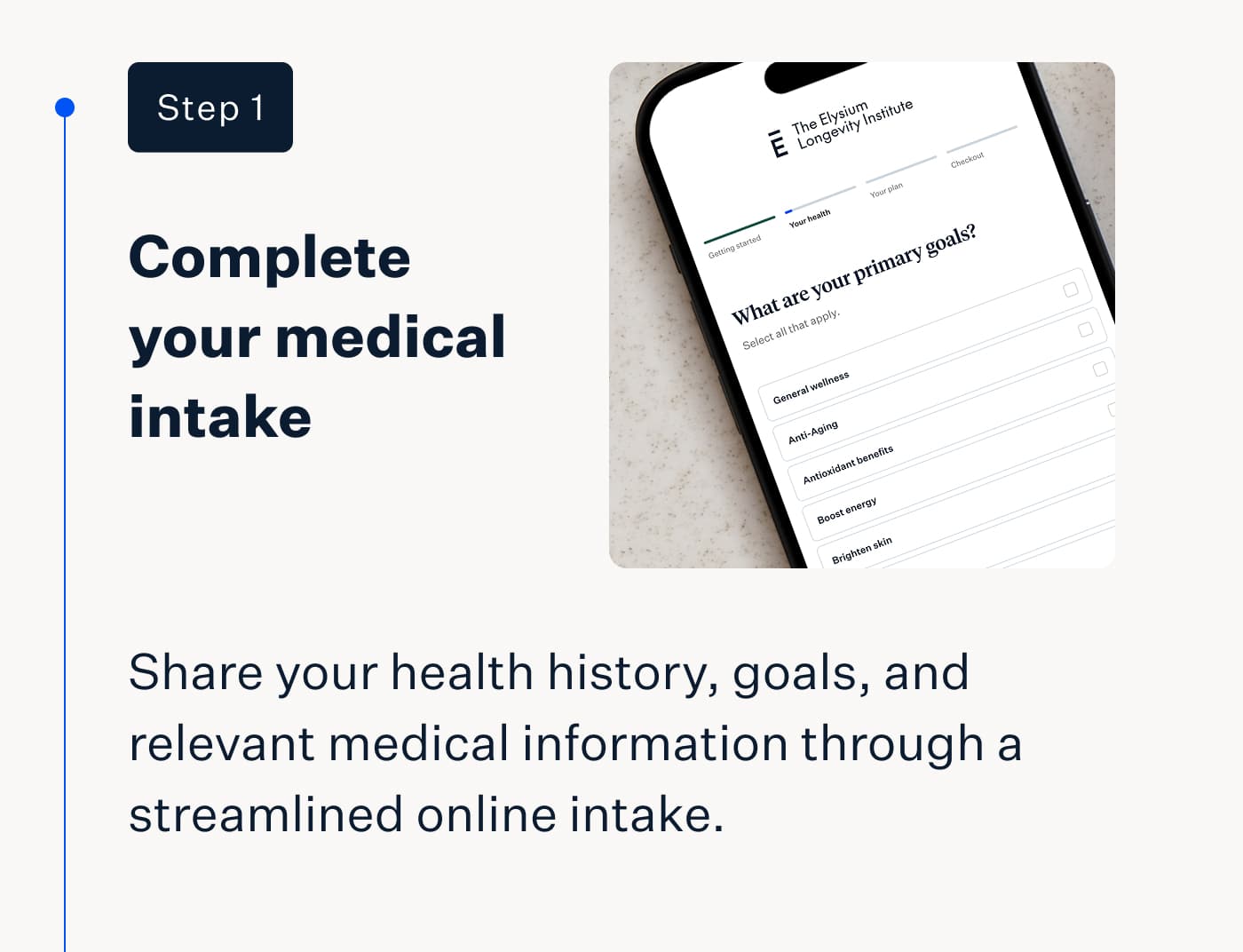Step 1 | Complete your medical intake |  Share your health history, goals, and relevant medical information through a streamlined online intake.