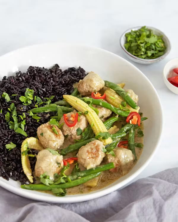 Thai Green Pork Meatball Curry with Black Rice & Baby Sweetcorn