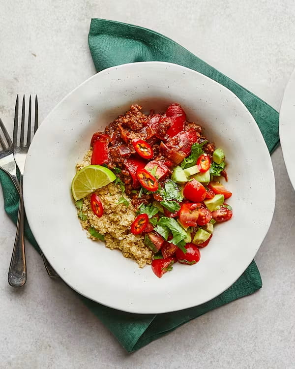 Beef Chilli with Quinoa & Avocado Salsa