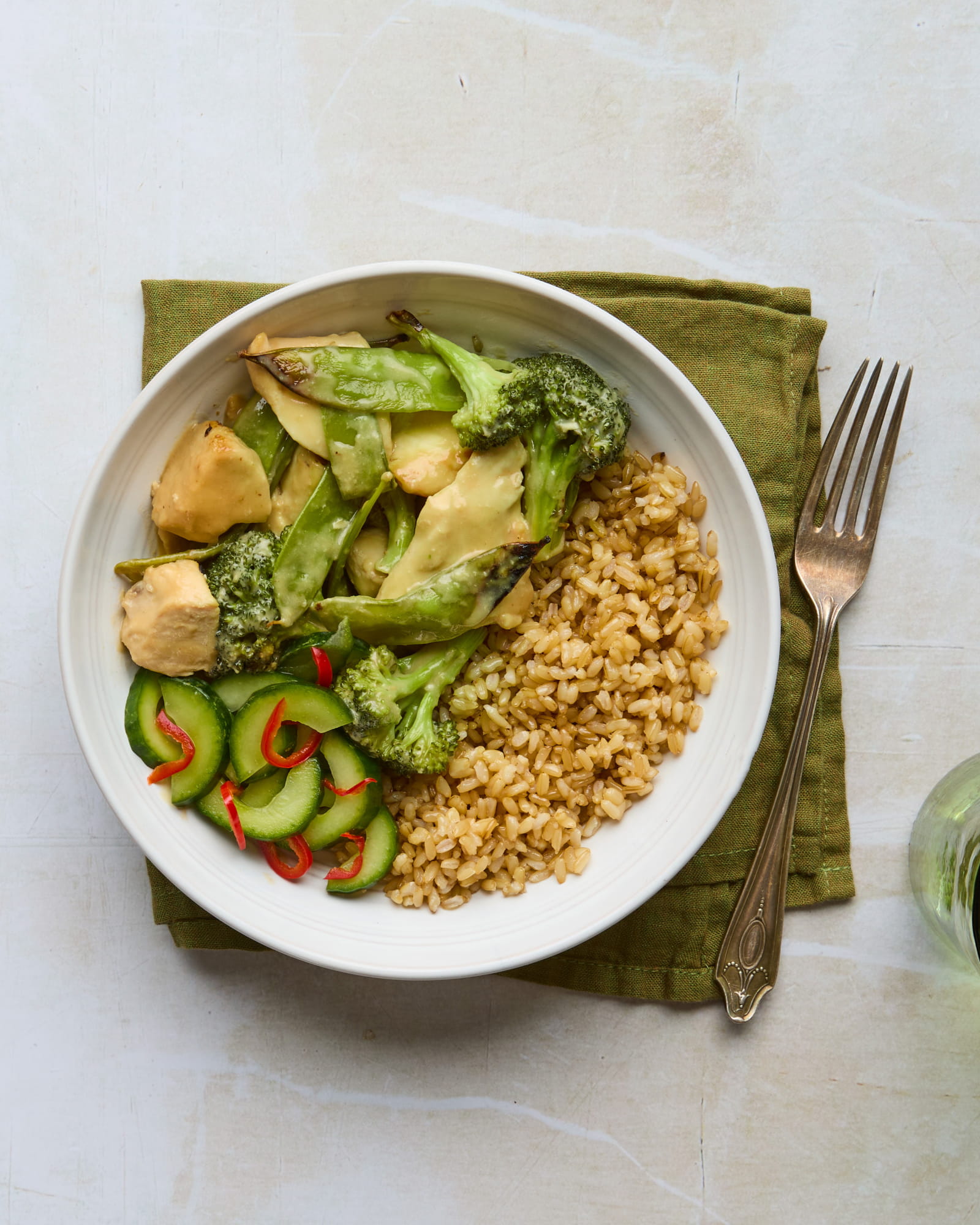 Satay Chicken Curry Traybake with Brown Rice & Pickled Cucumber Salad
