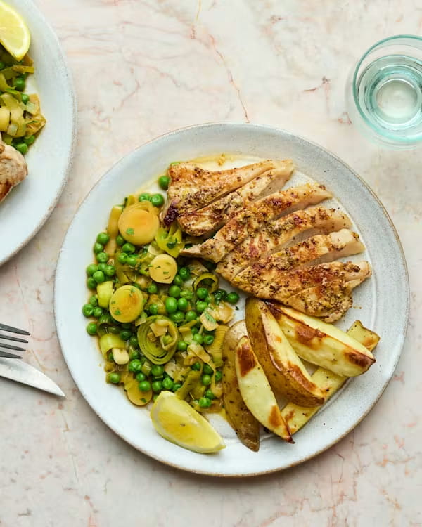 Mustard & Lemon Pork Steaks with Potato Wedges & Braised Greens