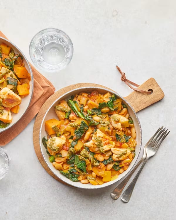 Chicken & Cannellini Stew with Roasted Squash & Basil Pesto