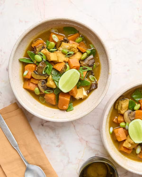 Japanese-style Miso Cod Soup with Sweet Potato, Porcini & Edamame