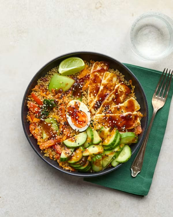 Halloumi Bibimbap with Quinoa & Honey Gochujang Sauce