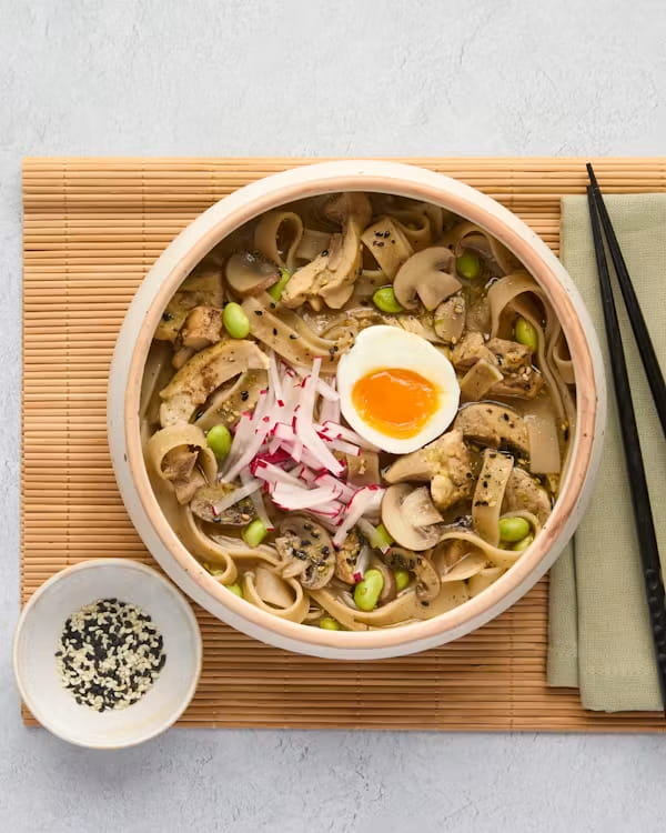 Chicken Ramen with Brown Rice Noodles, Edamame & Soft-boiled Egg 