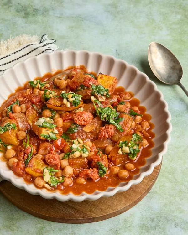 Squash & Chorizo Stew with Chickpeas & Peanut Coriander Salsa