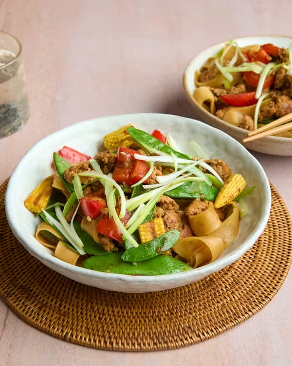 Black Bean Pork Stir-fry with Wide Brown Rice Noodles & Rainbow Veg