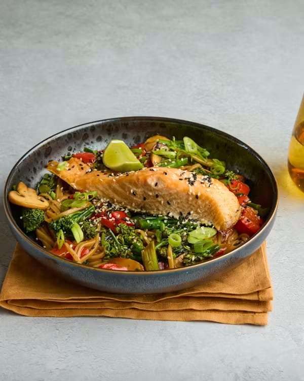 Roast Salmon with Hoisin Brown Rice Noodles & Tenderstem Broccoli