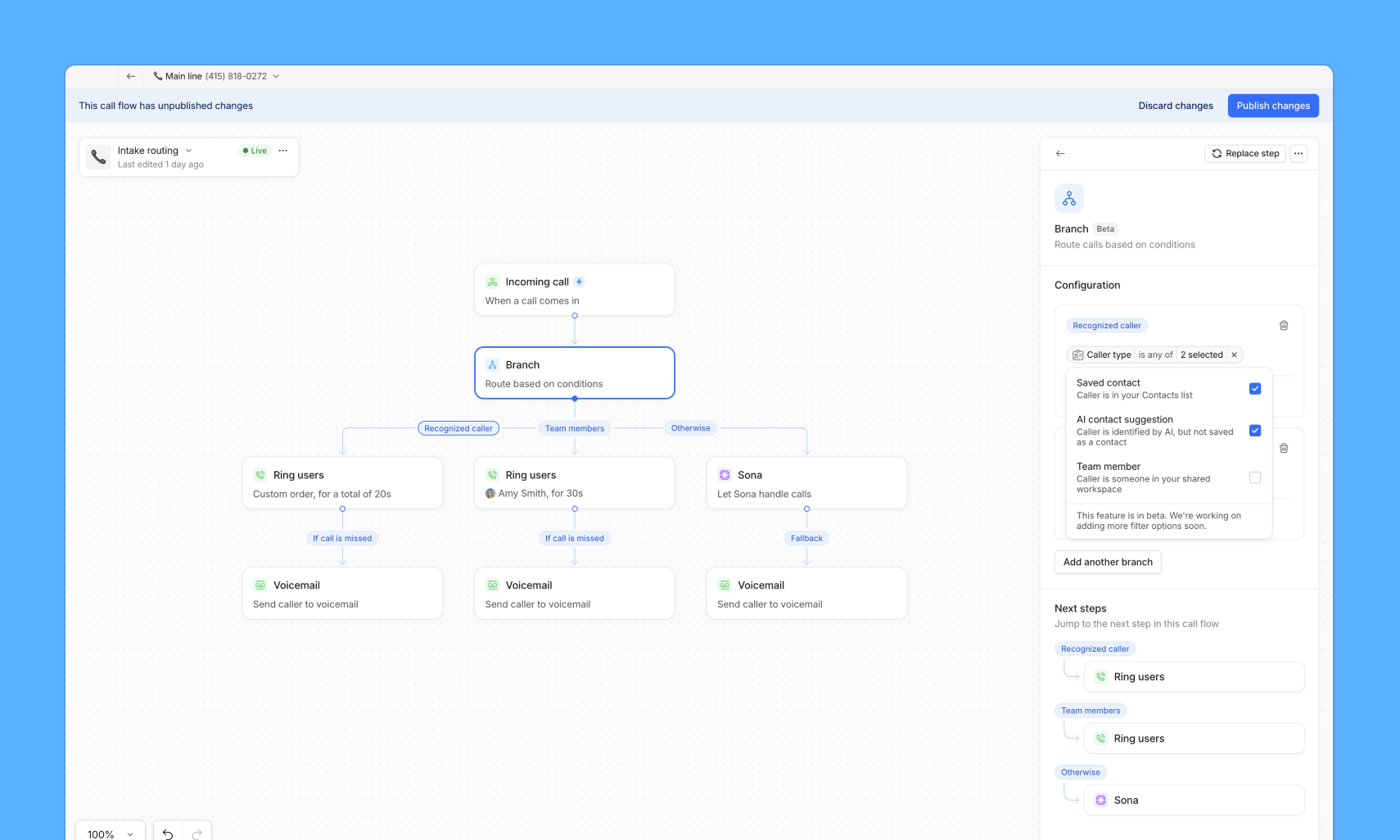 Image of contact routing in call flow builder