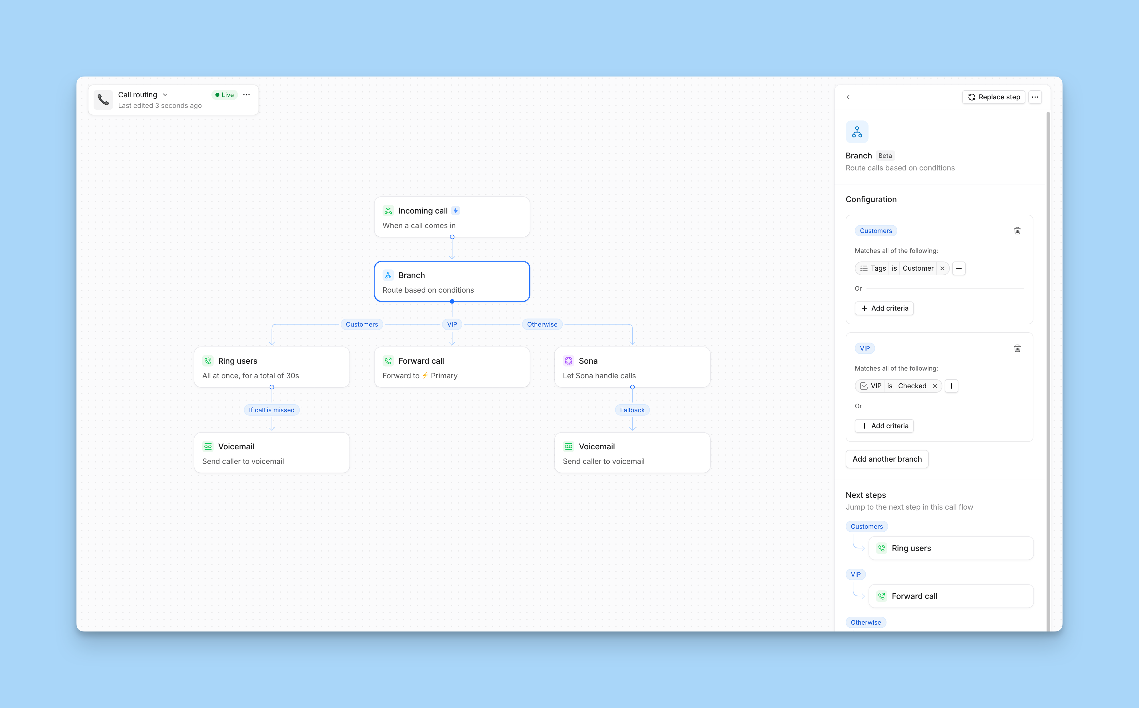 image of call flow builder with a branch to route by tags
