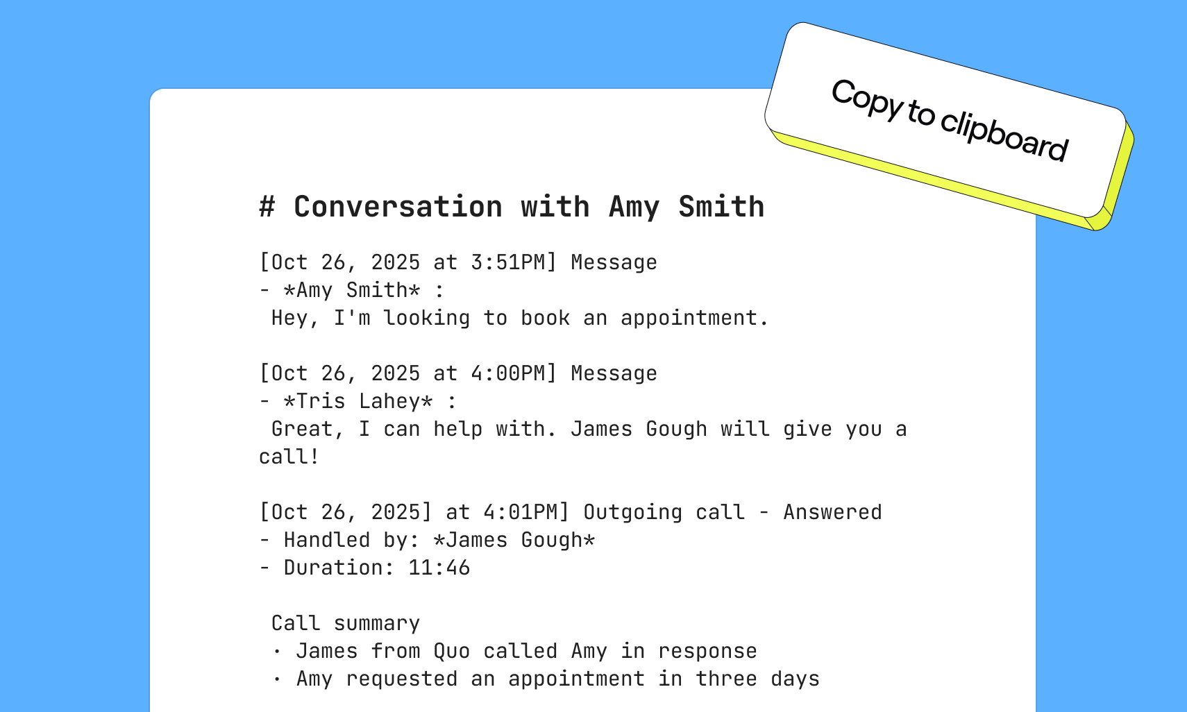 A graphic that shows the markup output that Quo can provide for AI assistants