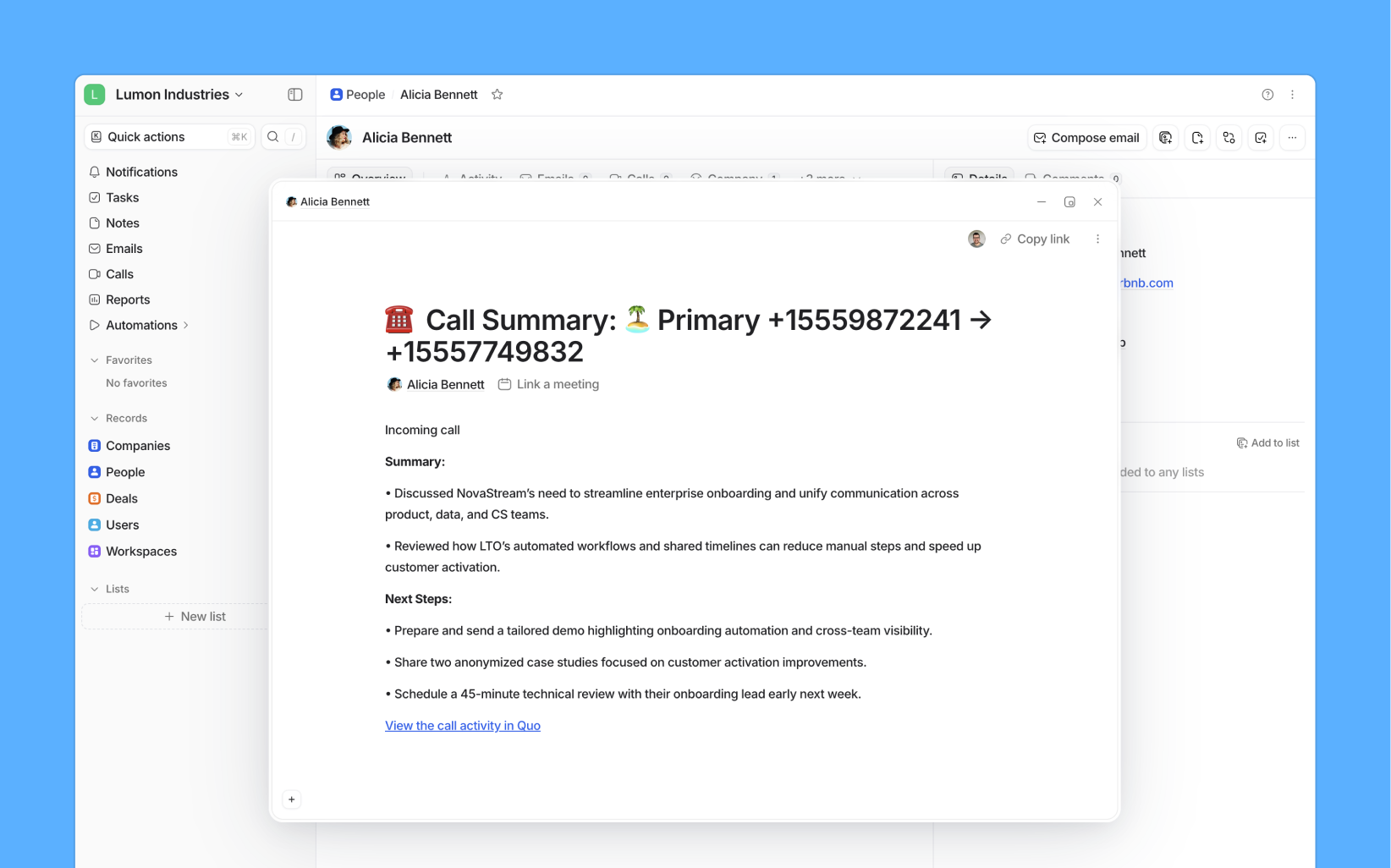 A graphic that shows how Quo integrates with Attio