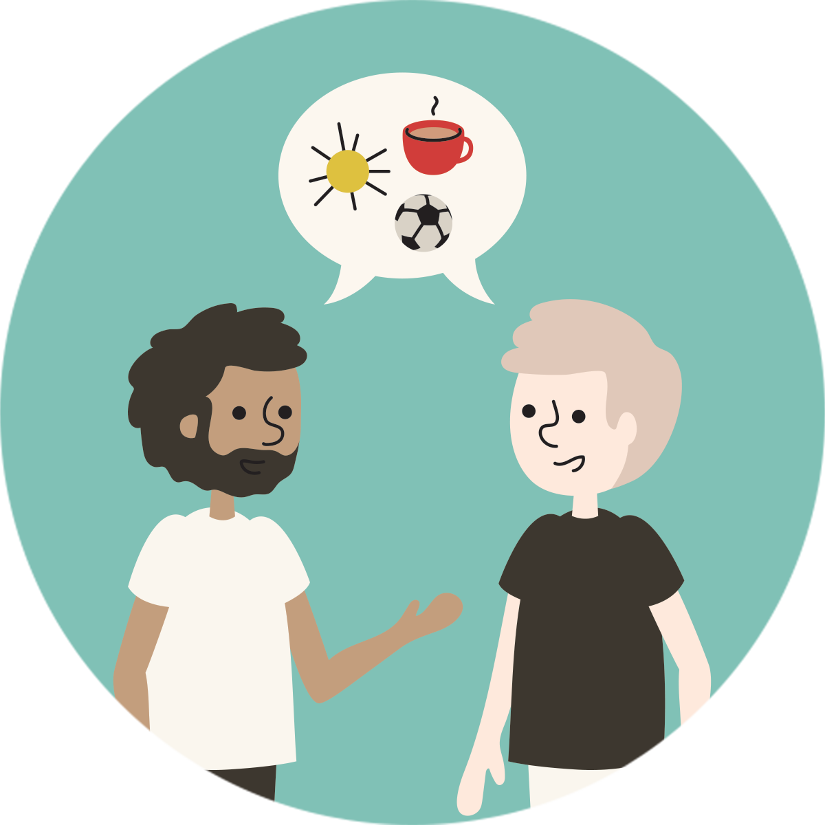 two men talking with speech bubble showing weather and sports