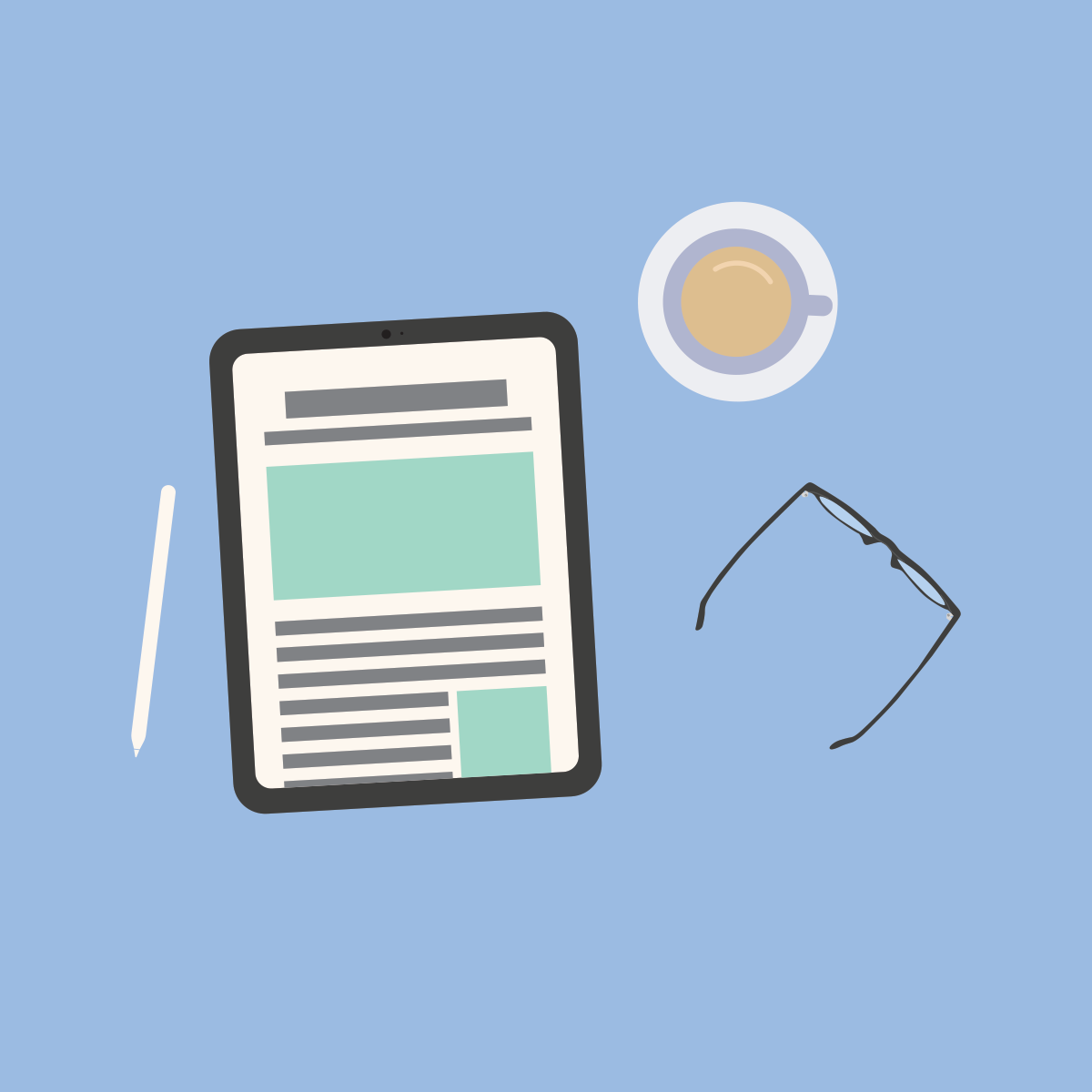 news on tablet, glasses, coffee
