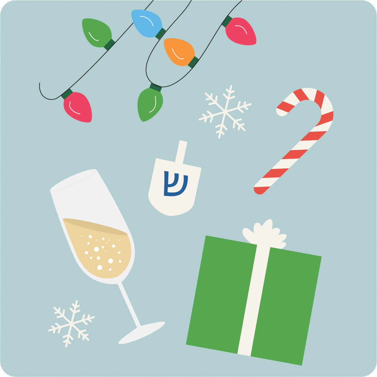 december holiday icons, including a candle, gift, mistletoe, chocolate, snowflake