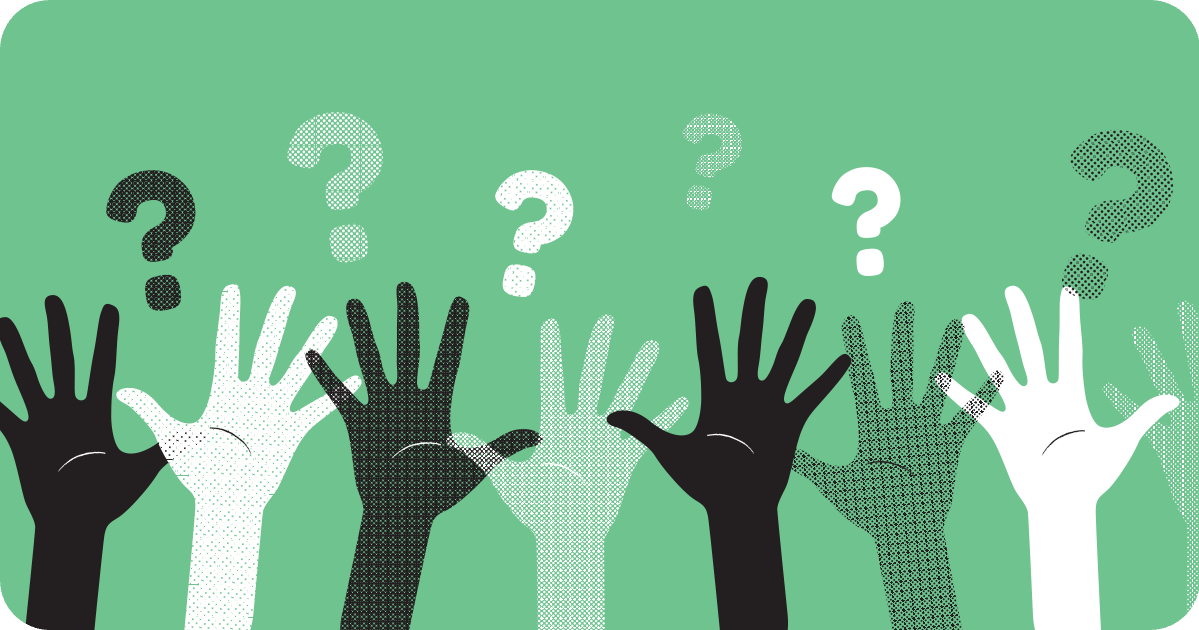 hands raised with questions