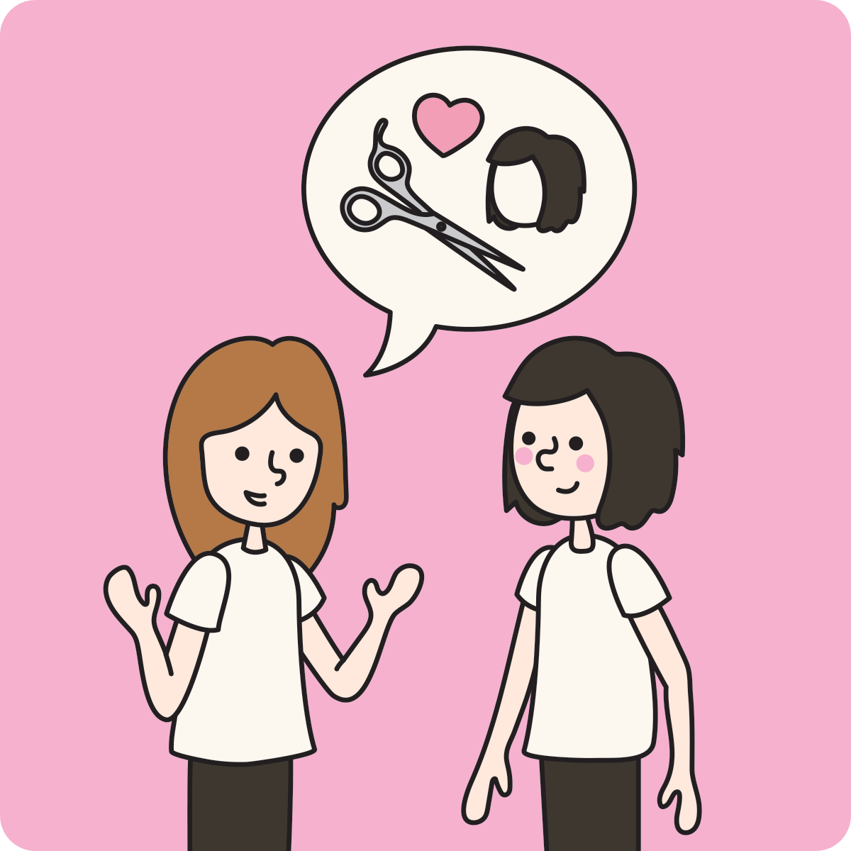 woman with speech bubble showing she loves another woman's new haircut