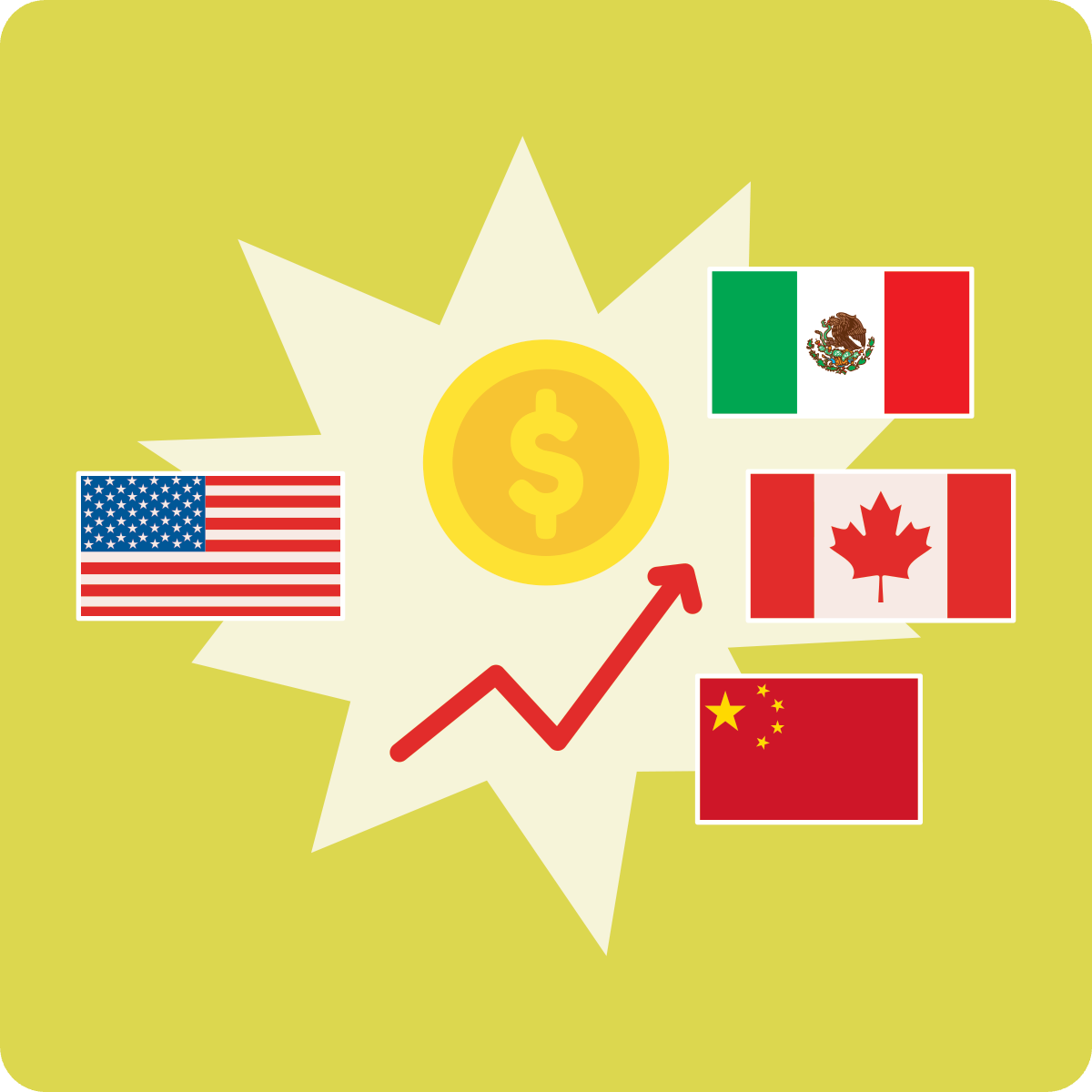 star with US flag and Canada, Mexico, China flag with arrow rising