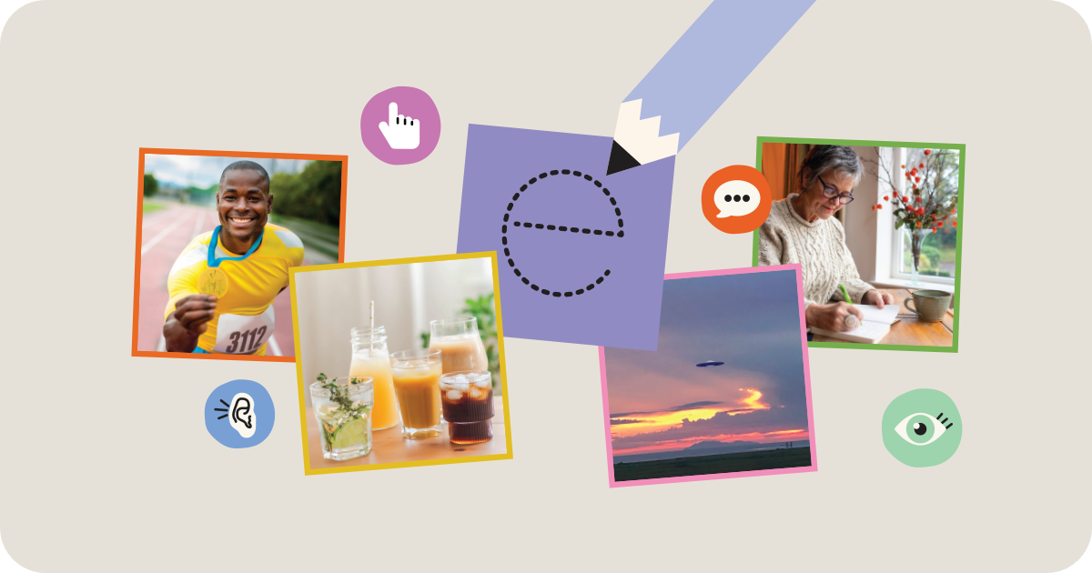 real photos, the letter e, icons for point, speak, listen, look