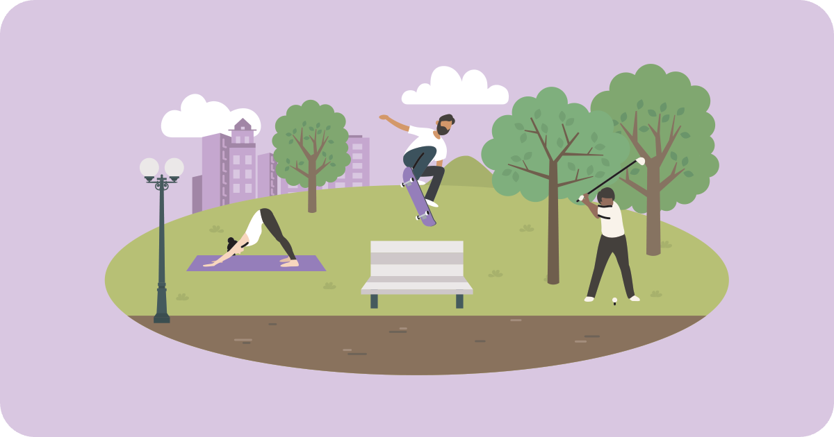 people in the park golfing, doing yoga, skateboarding