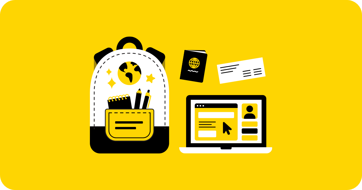 backpack, passport, ticket, computer screen
