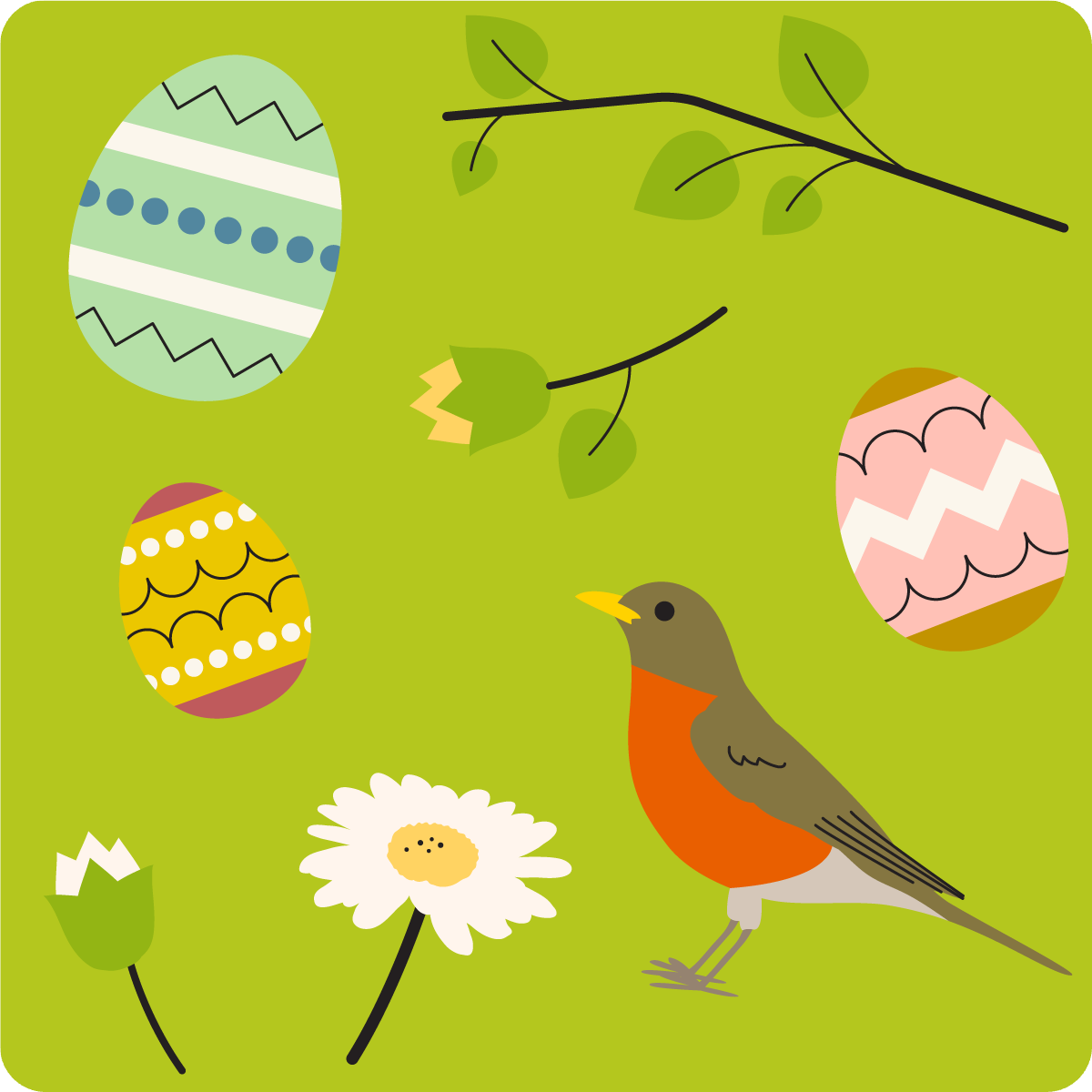 robin, flowers, easter eggs