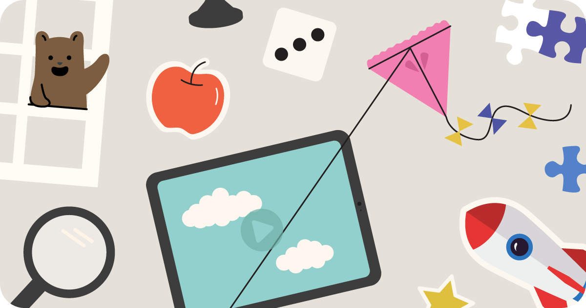 young learner icons, including Benji the bar, kite, rocket, apple, dice, and a tablet