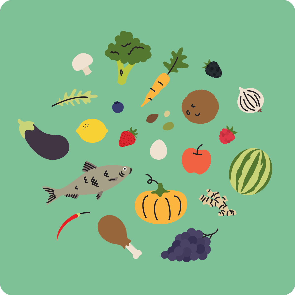 singular food items, such as fruits, vegetables, and meat