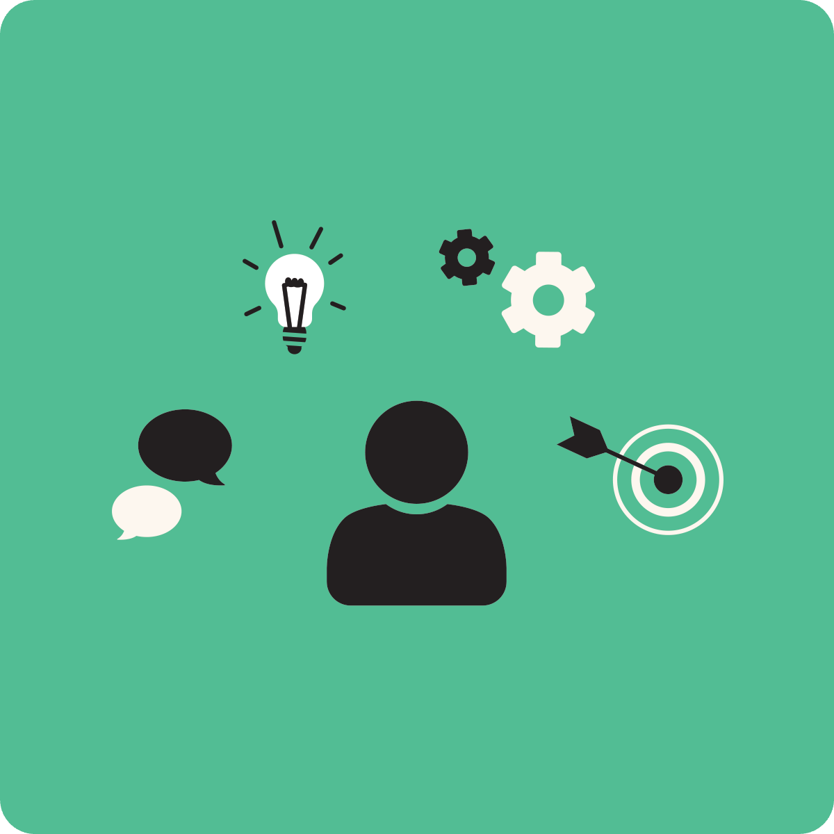 target, light bulb, settings icon, speech bubbles