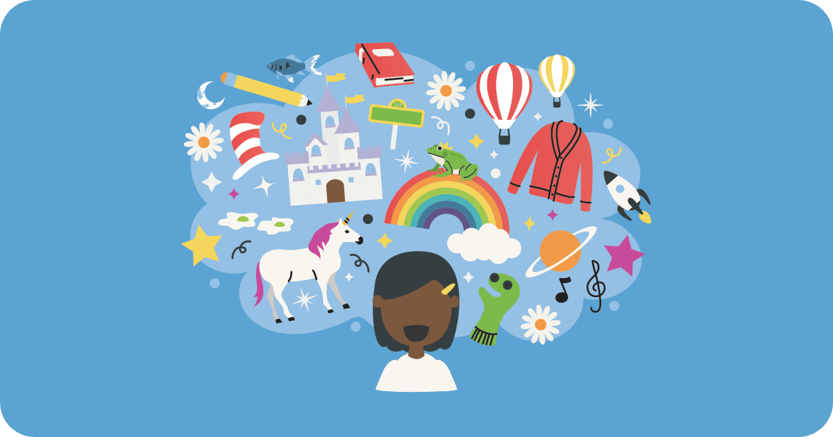 girl dreaming of many colorful things, including rainbows, hot air balloons, unicorns, and puppets