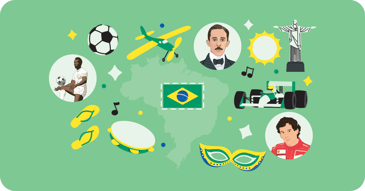 Pele, Alberto Santos Dumont, Ayrton Senna and Brazil flag and colors