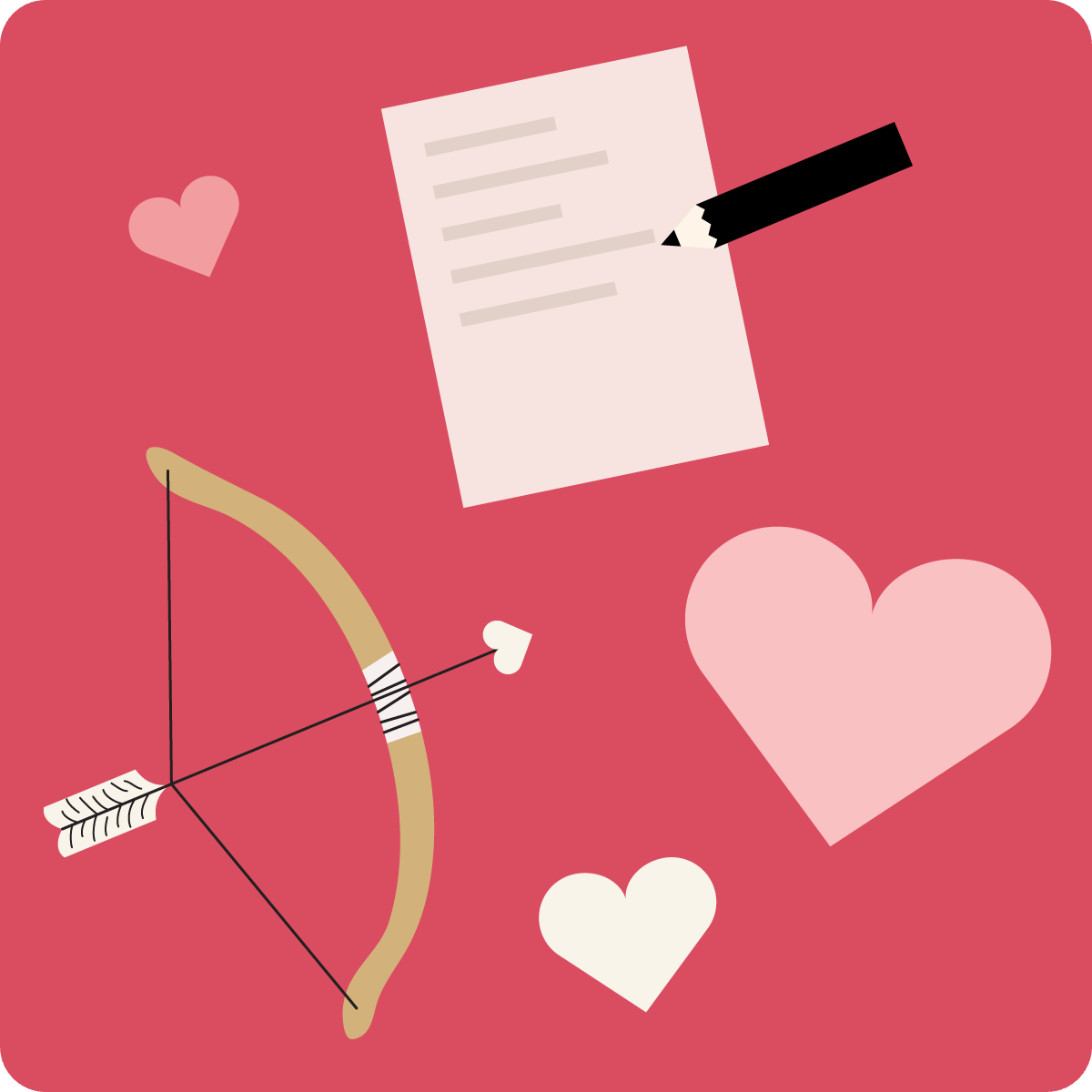 Valentine's Day hearts, bow and arrow, love note