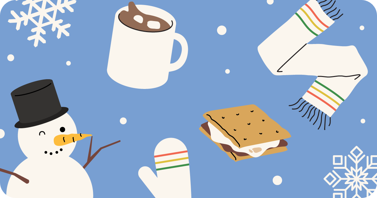 snowman, mittens, scarf, smores, hot chocolate