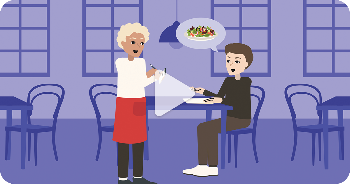 video screenshot of server taking a man's order at a restaurant