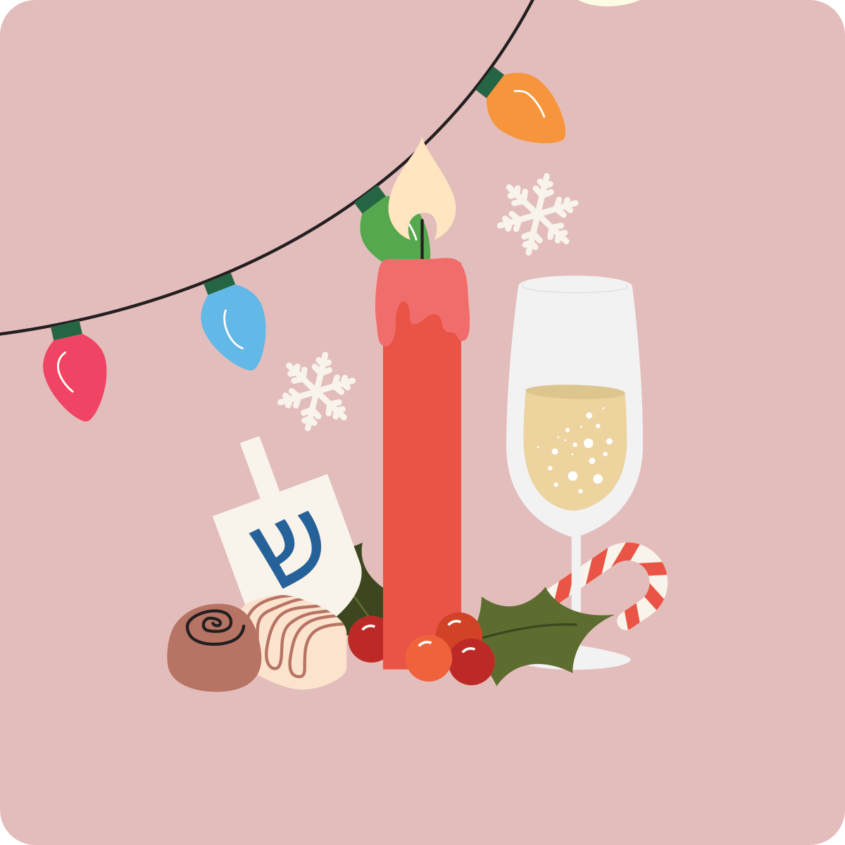 candle, lights, champagne, snowflakes