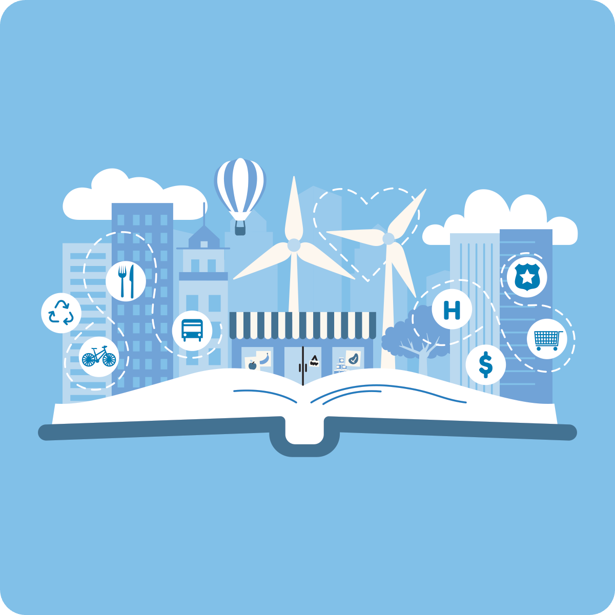 book open with buildings, windmills, and shops