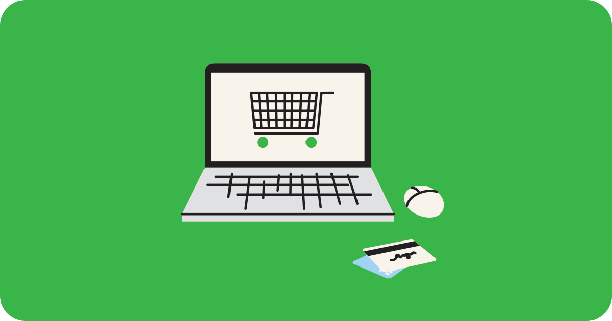 grocery cart on computer screen with credit cards