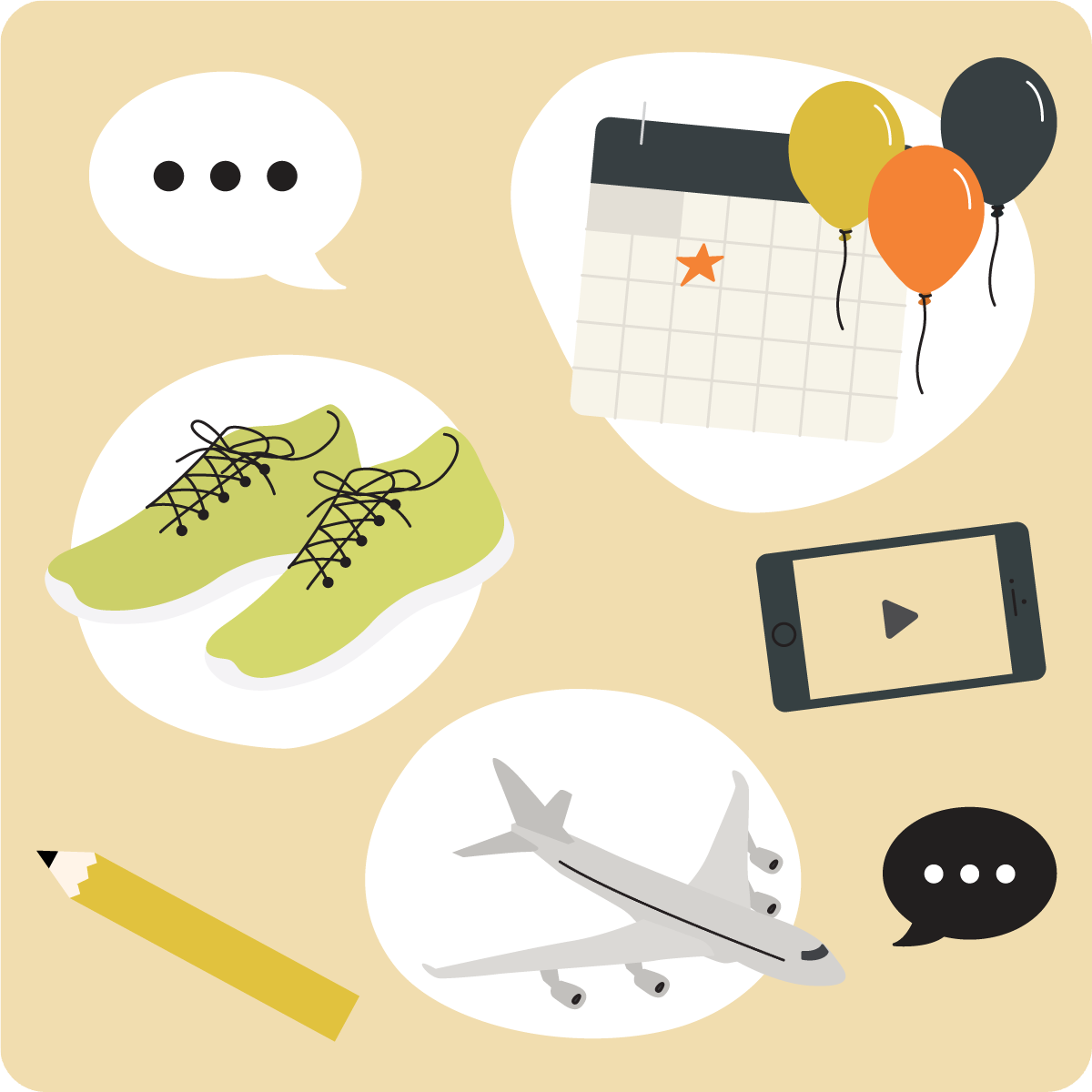 various icons from Ellii's grammar videos, such as a pair of shoes, a calendar, and an airplane