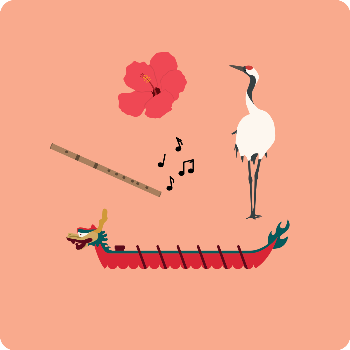 dragon boat, crane, flute, poppy