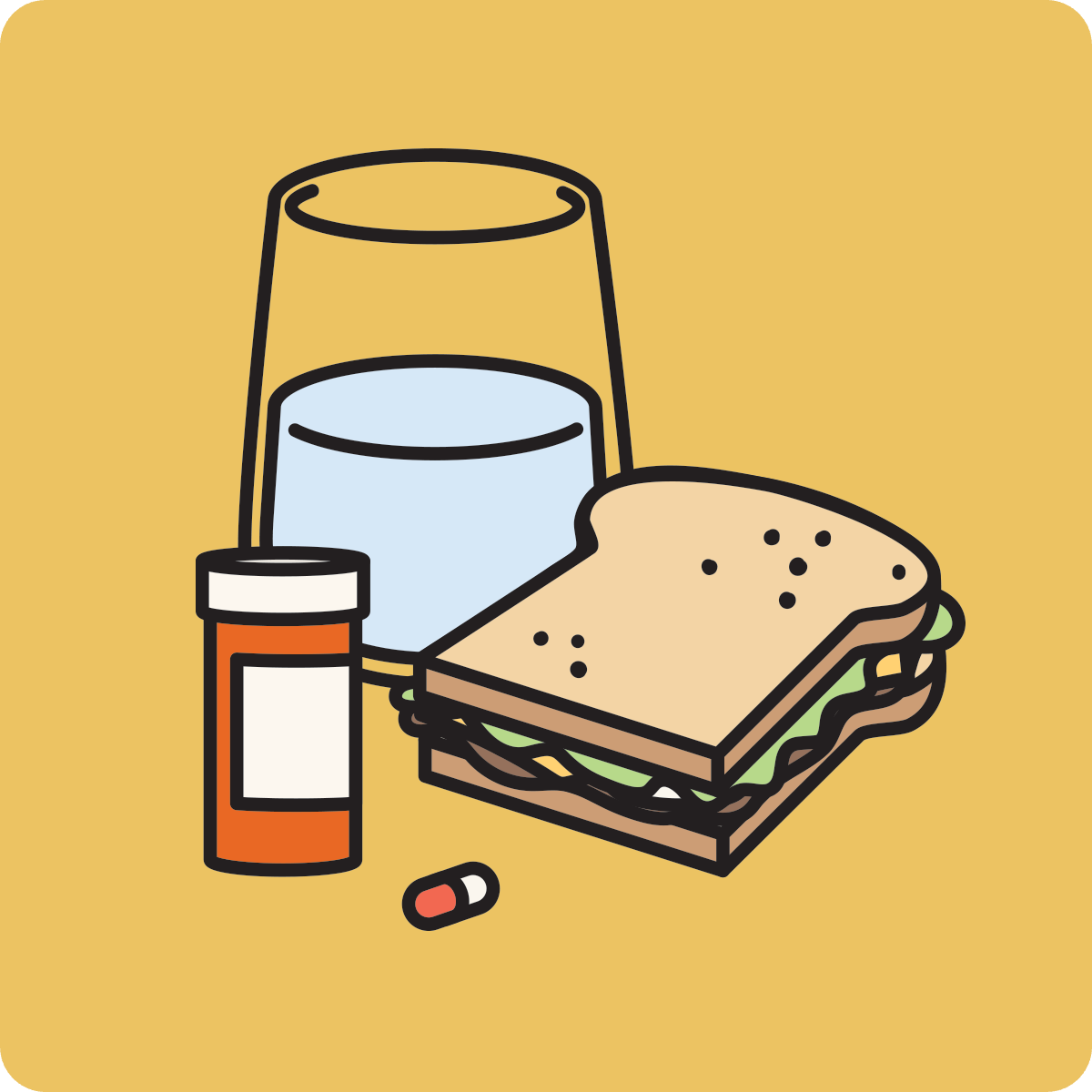 sandwich, water, pills