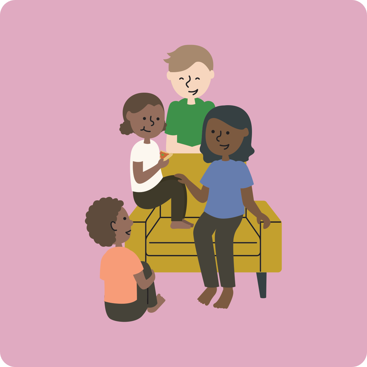 family congregated around a couch