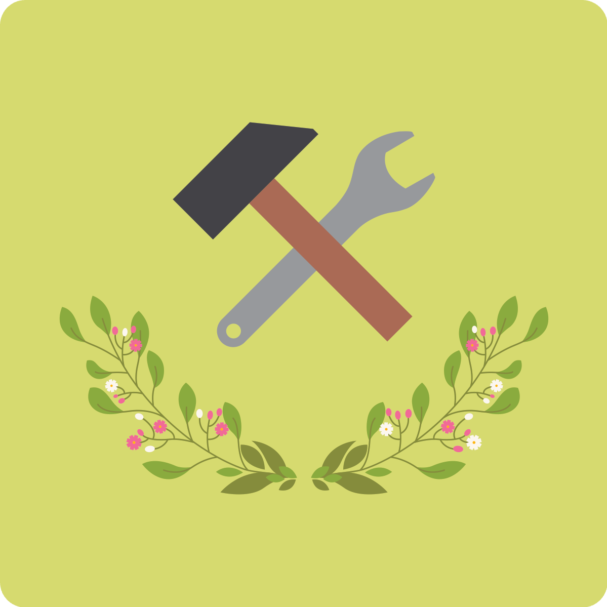 hammer, wrench, garland of flowers
