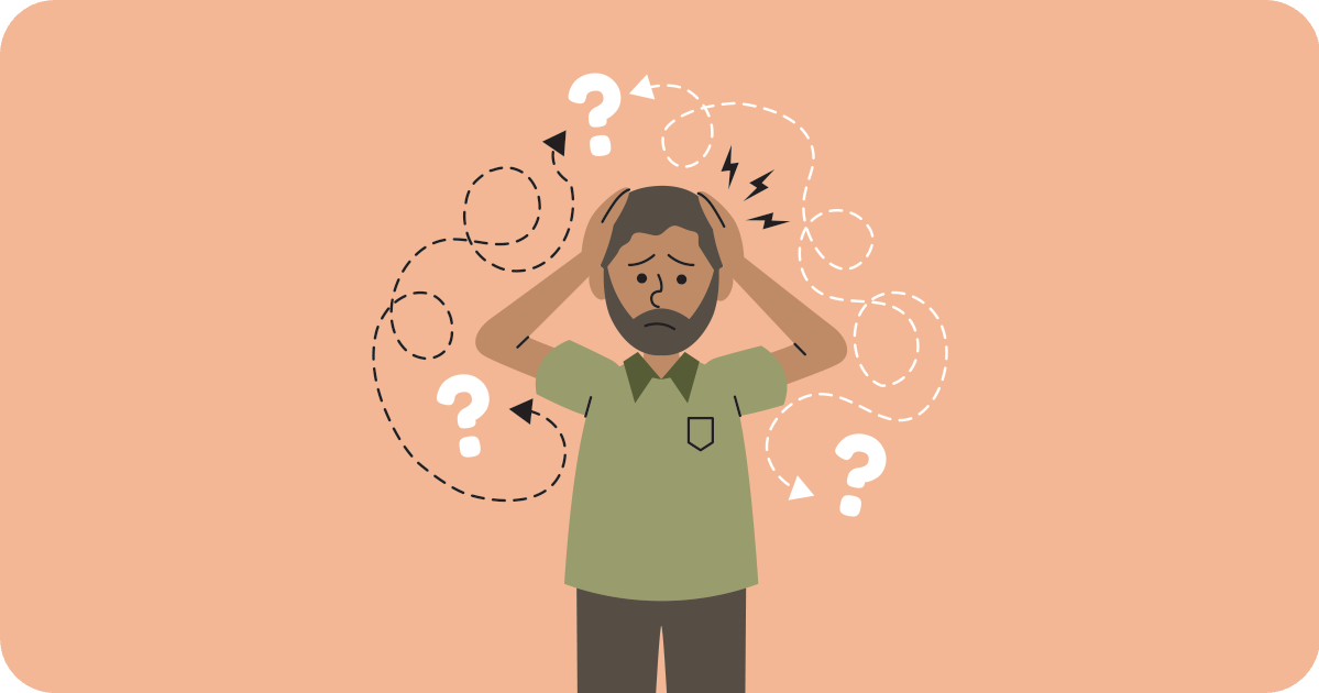 man with question marks around head spinning in confusion